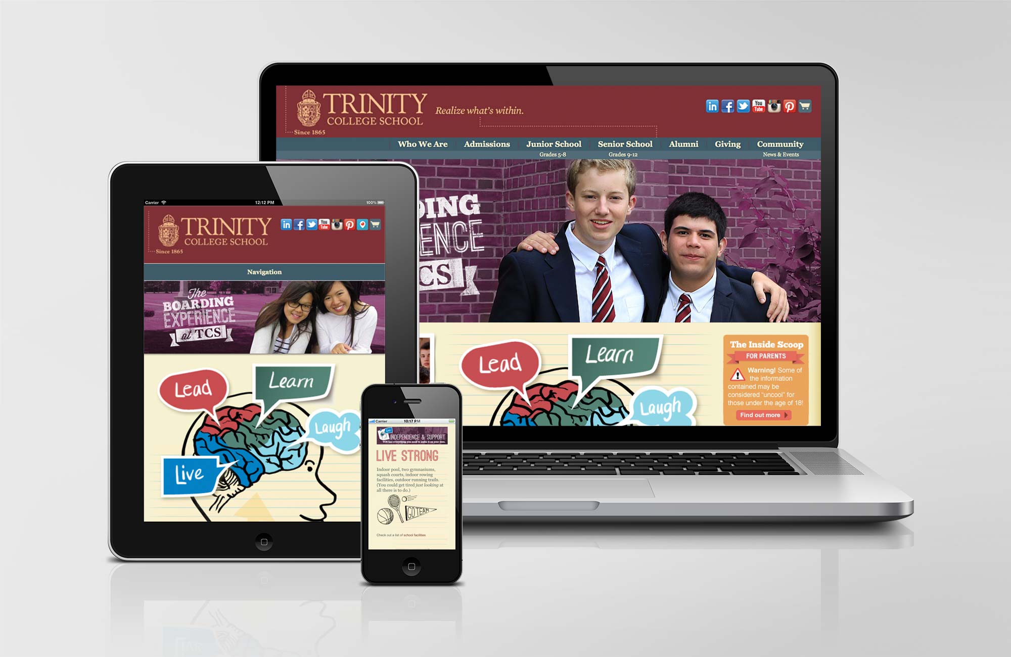 The Boarding Experience at Trinity College School website shown on a computer, tablet and smart phone.