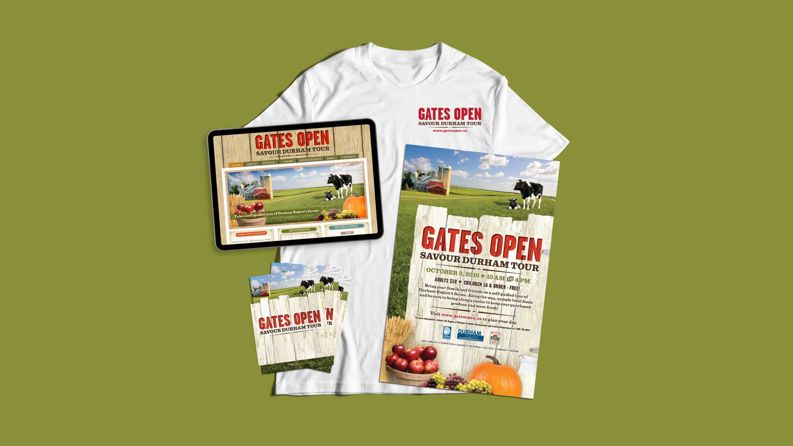 Gates Open website, t-shirt, invite and poster