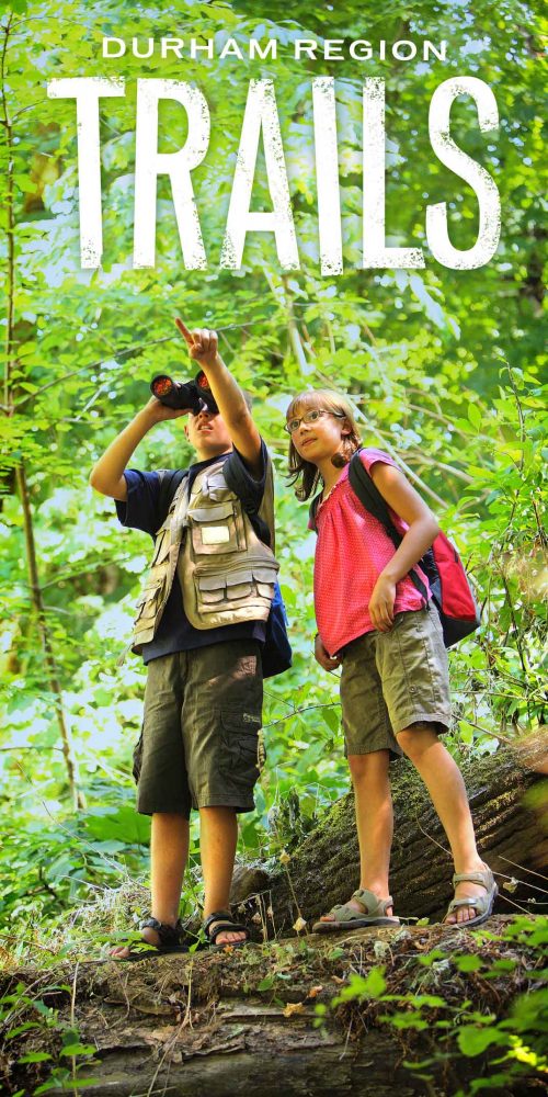 Durham Region Trails. Young kids hiking in forest.