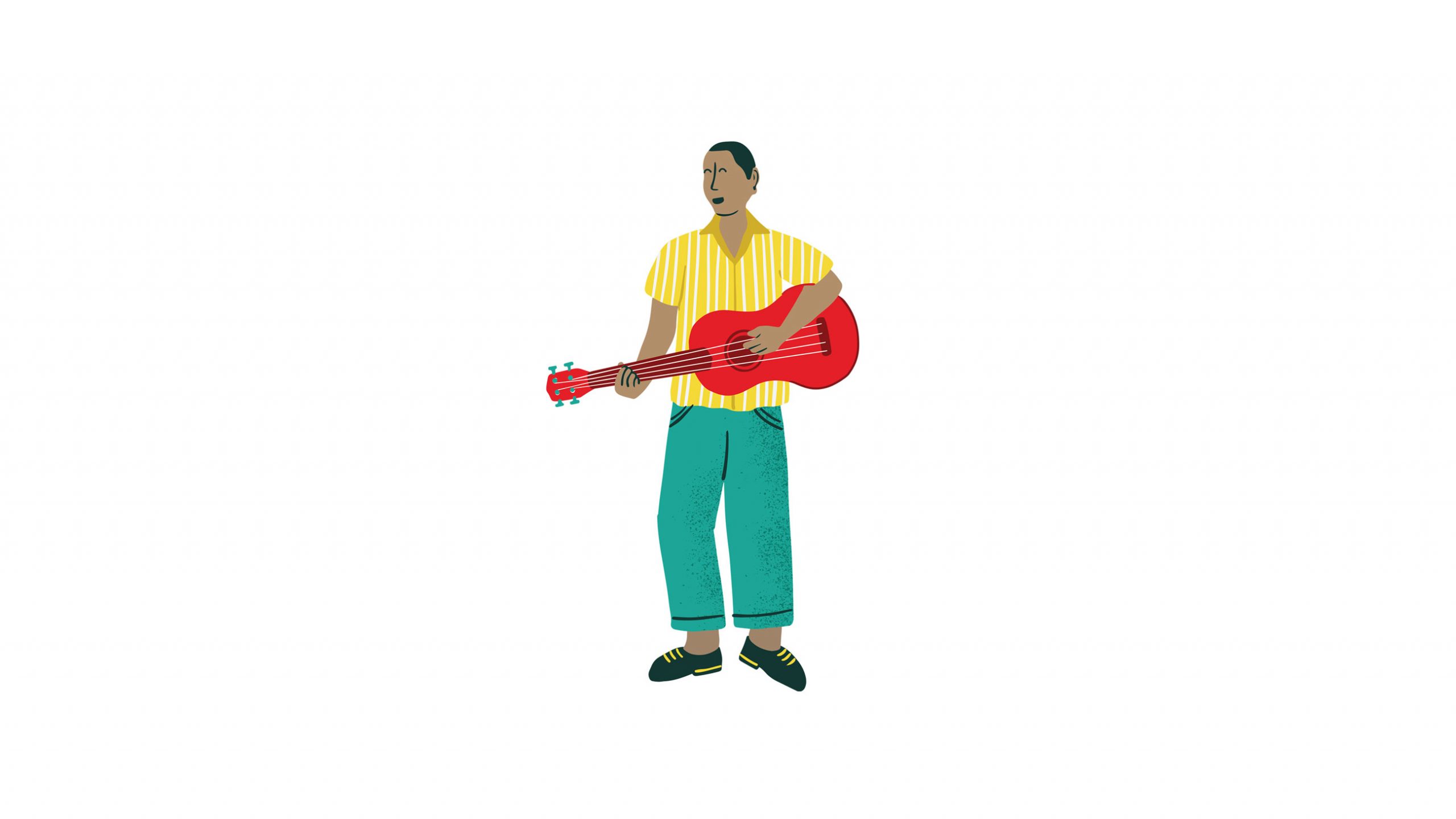 Illustrated person playing guitar.