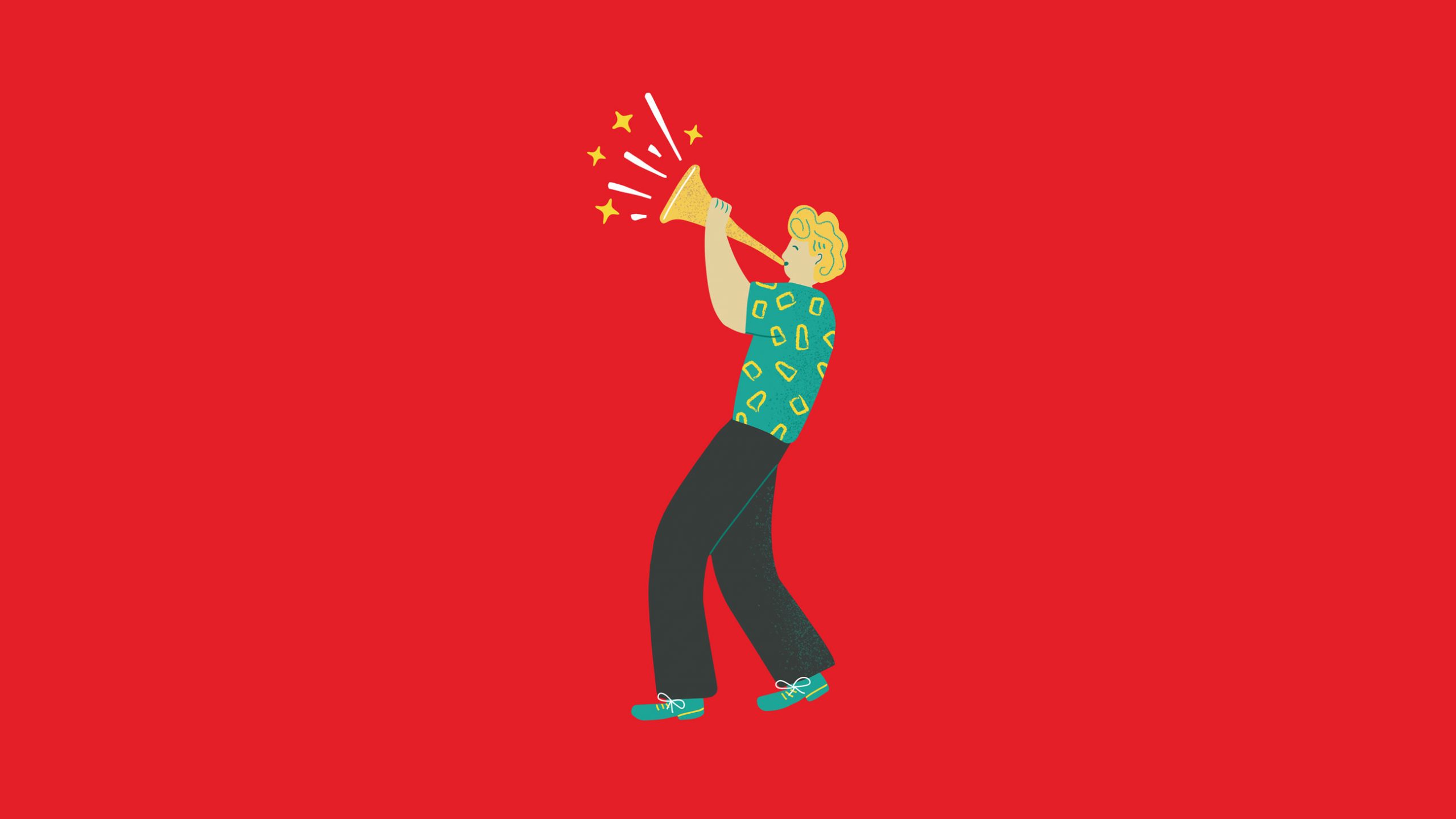 Illustrated person playing trumpet.