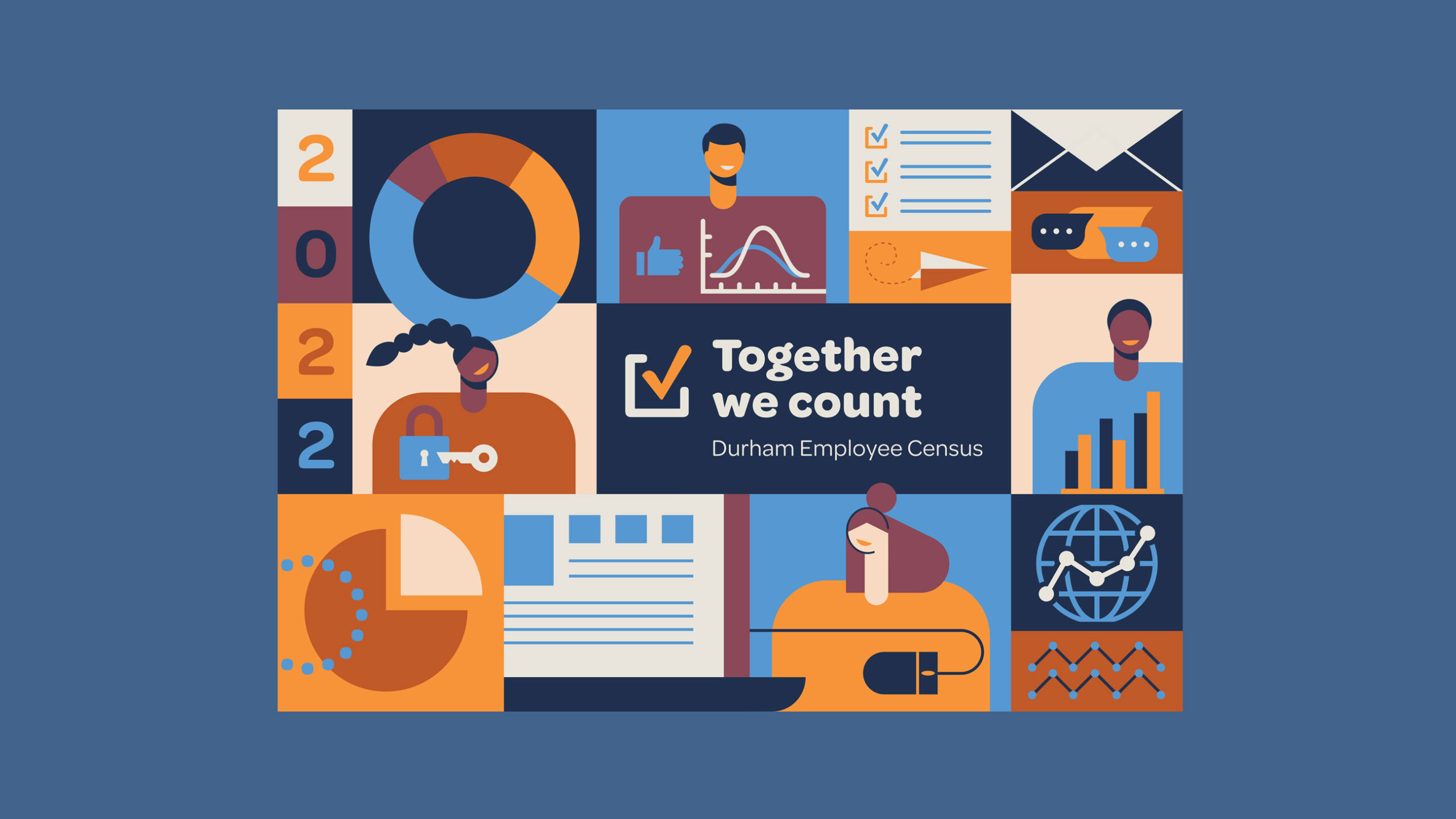 Together we count postcard showing graphic with charts, graphs, checklist, padlock, laptop and communication icons.