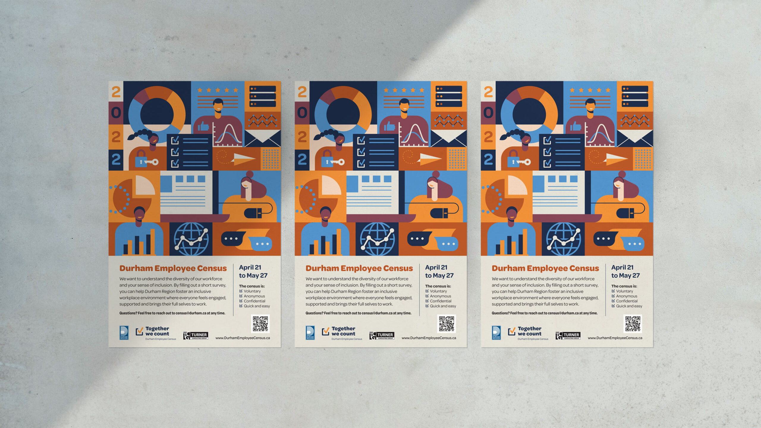 Branded survey posters on a wall.