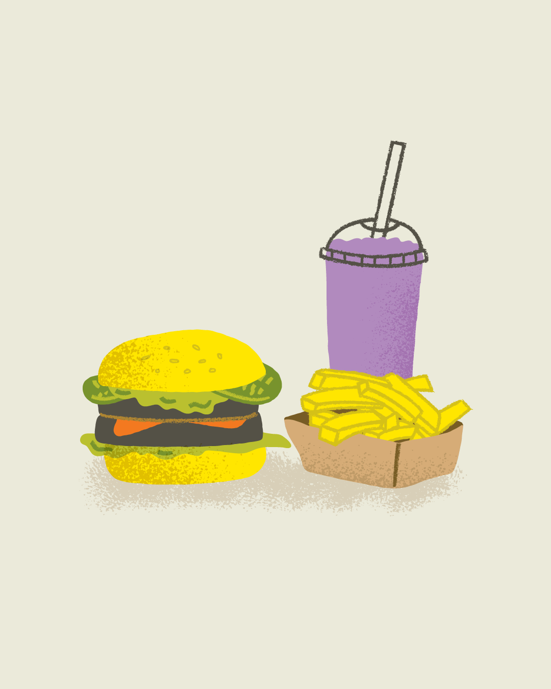 Hamburger, fries and milkshake.