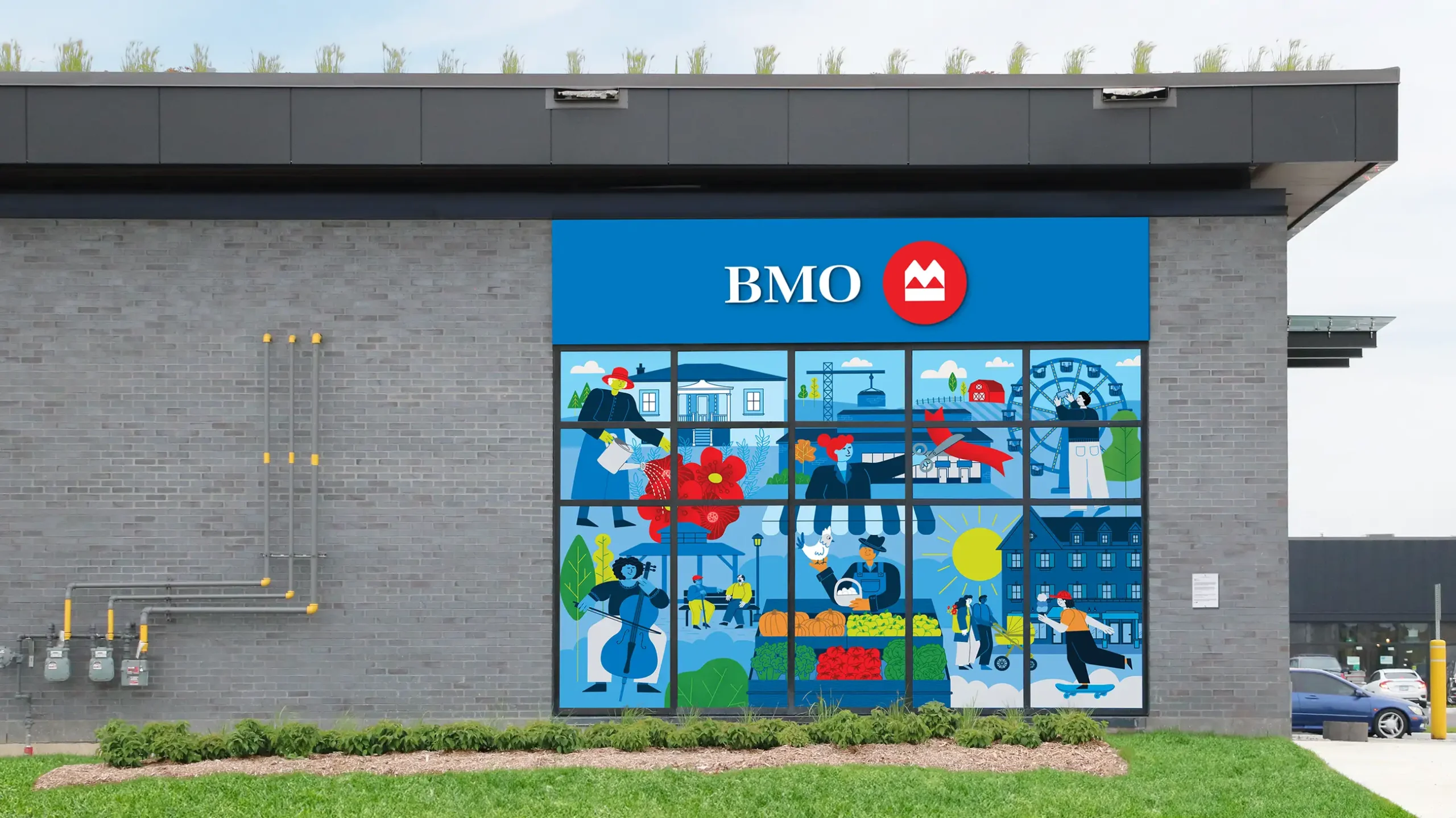 Mural on the side of a BMO bank building