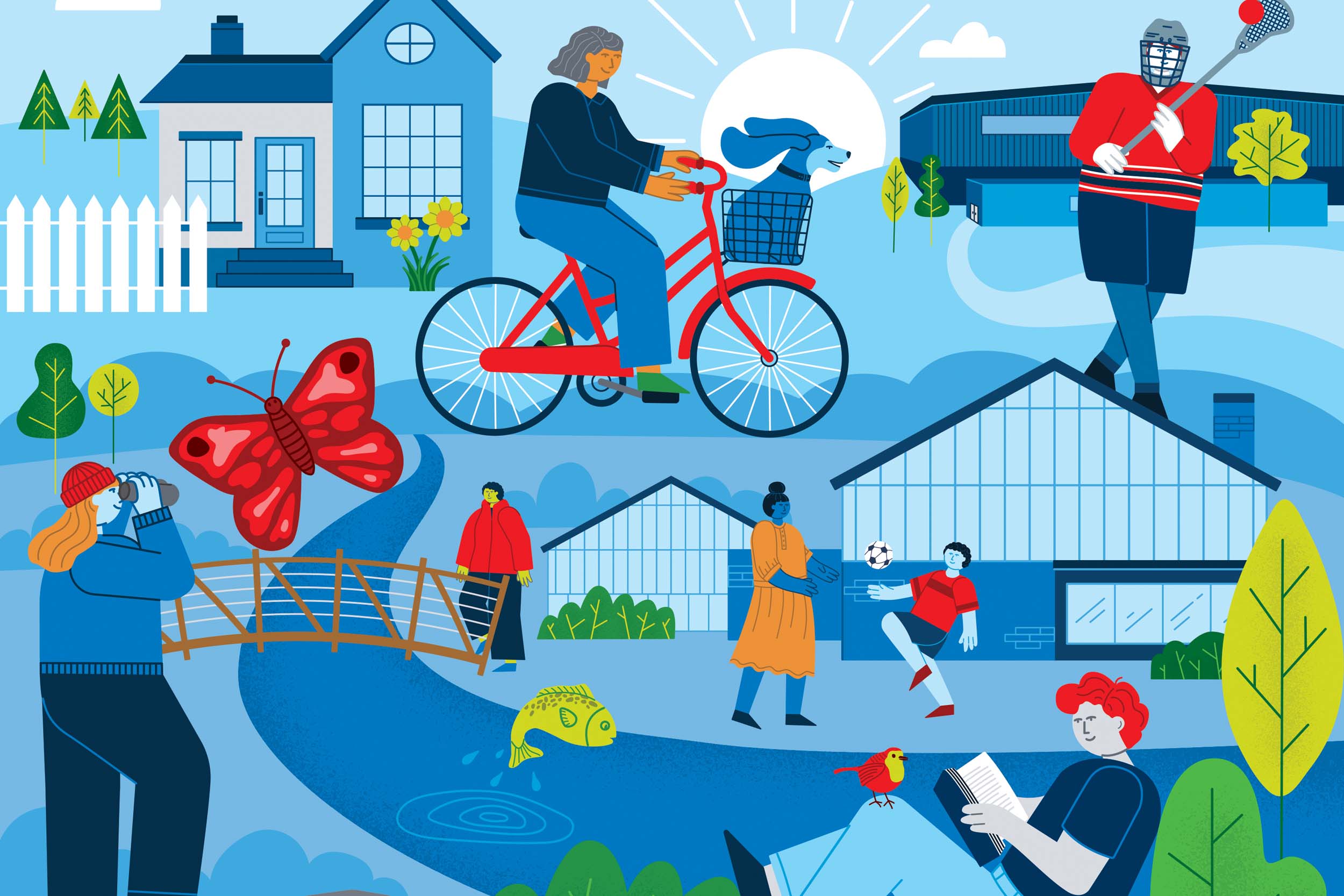 Community of people biking, playing lacrosse, butterfly-watching, hiking, playing soccer and reading books.